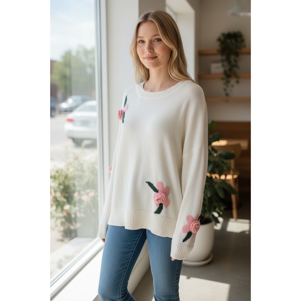 Cotton Emporium‎ Floral Applique Sweater Crew Neck Ivory XL NWT